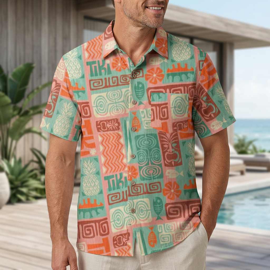 LeosWare® Men's Hawaiian Shirt Short Sleeve Button-up Breathable & Quick-Dry Aloha Tikii Tiles