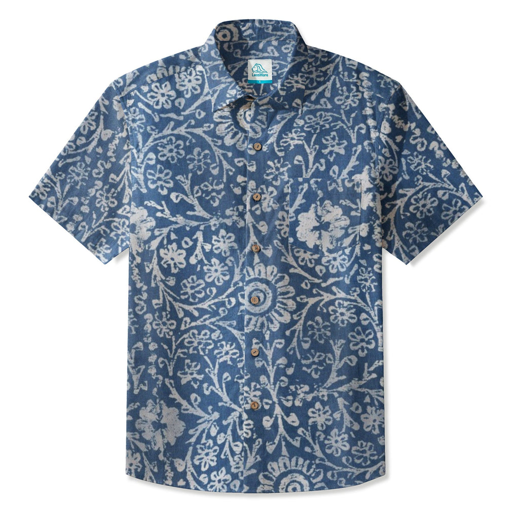 LeosWare® Men's Hawaiian Shirt Short Sleeve Button-up 95% Polyester, 5% Spandex Aloha Indigo Bloom