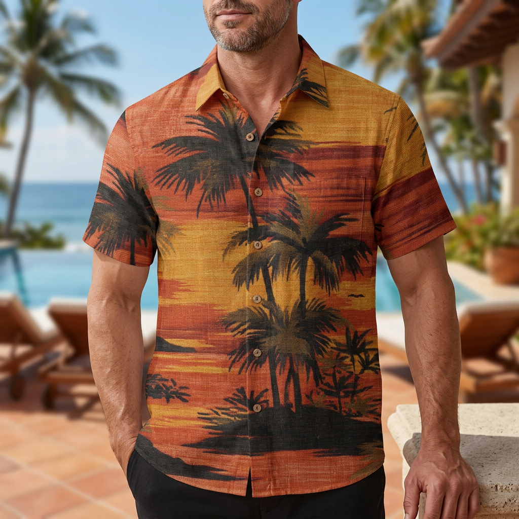LeosWare® Men's Hawaiian Shirt Short Sleeve Button-up Breathable & Quick-Dry Aloha Dusk Palm