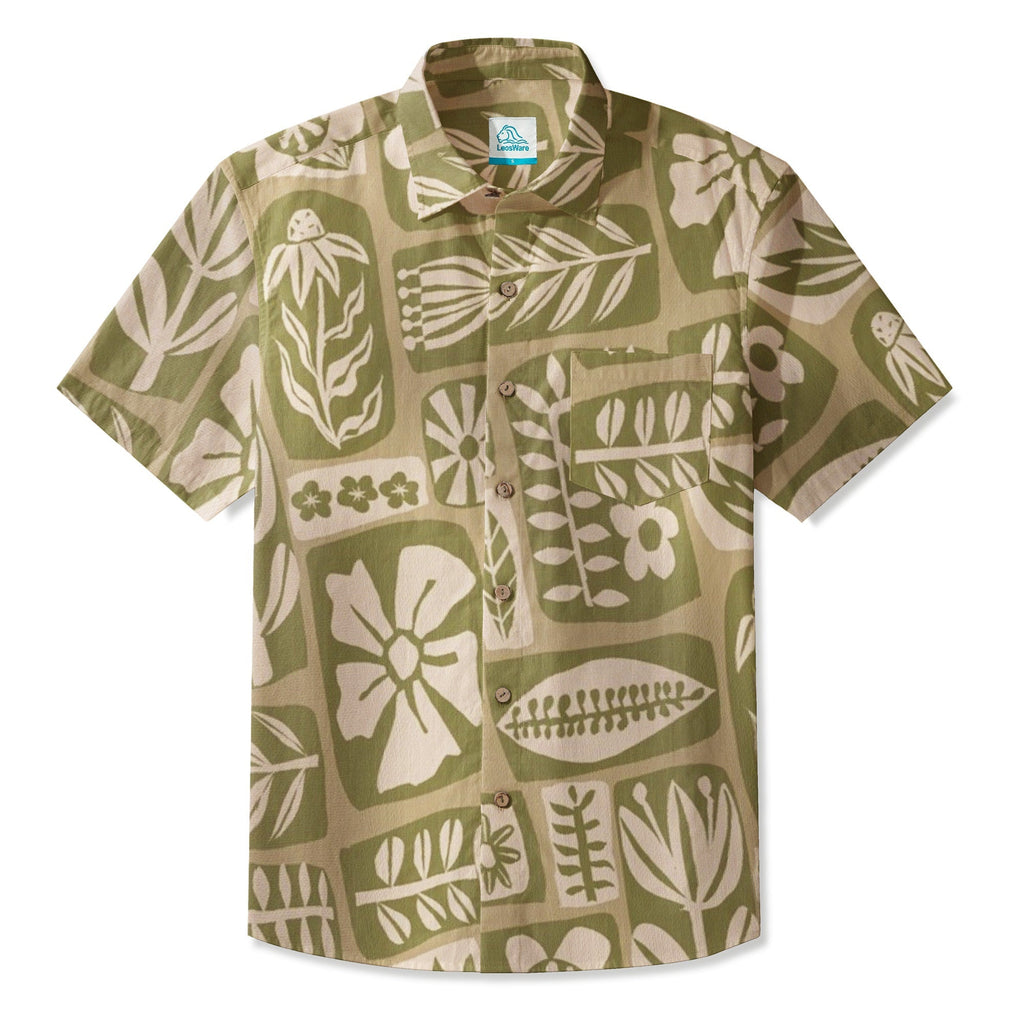 LeosWare® Men's Hawaiian Shirt Short Sleeve Button-up 95% Polyester, 5% Spandex Aloha Herb Mosaic