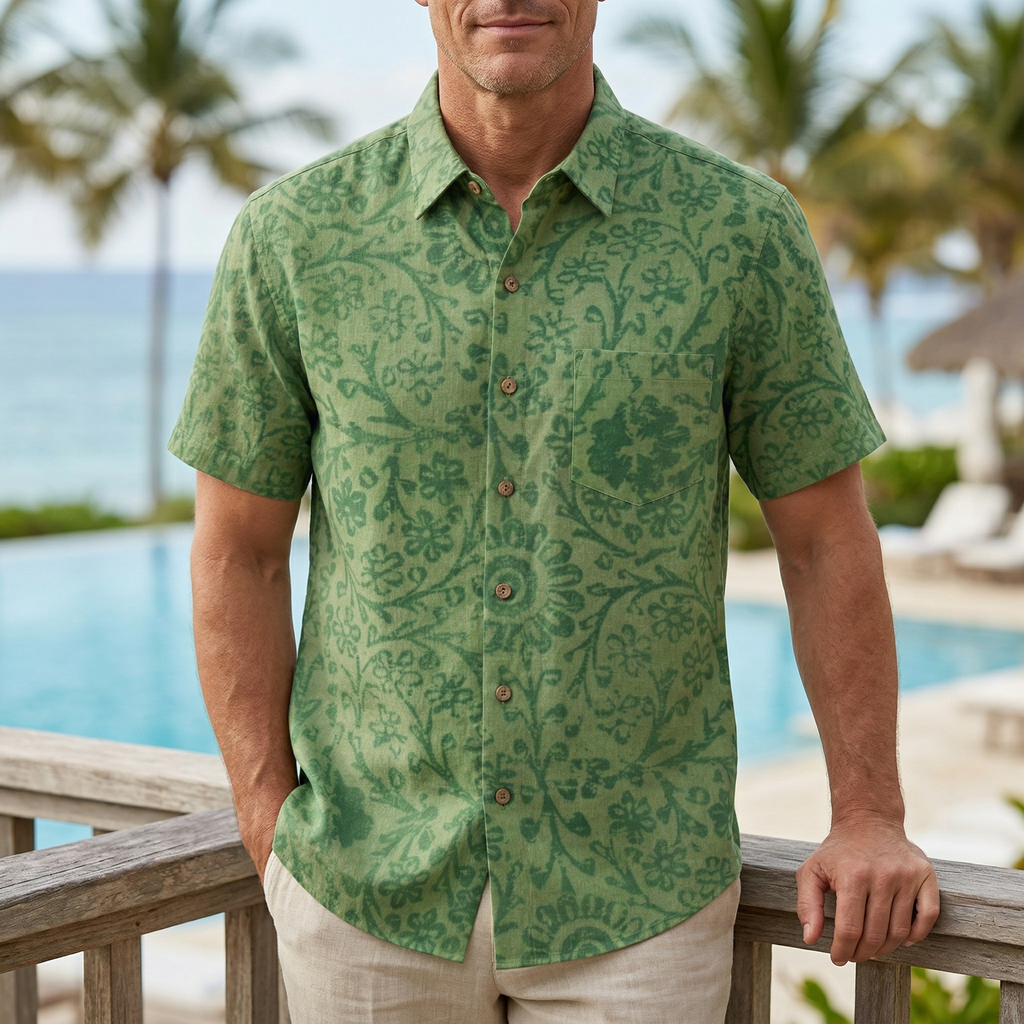 LeosWare® Men's Hawaiian Shirt Short Sleeve Button-up 95% Polyester, 5% Spandex Aloha Moss Bloom