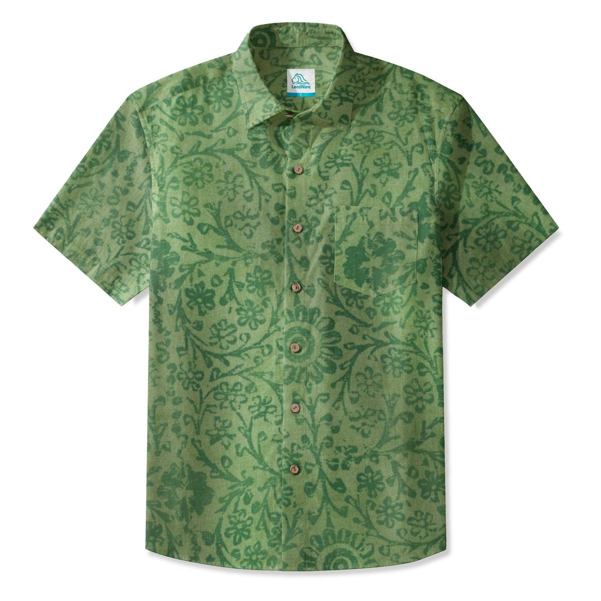 LeosWare® Men's Hawaiian Shirt Short Sleeve Button-up 95% Polyester, 5% Spandex Aloha Moss Bloom