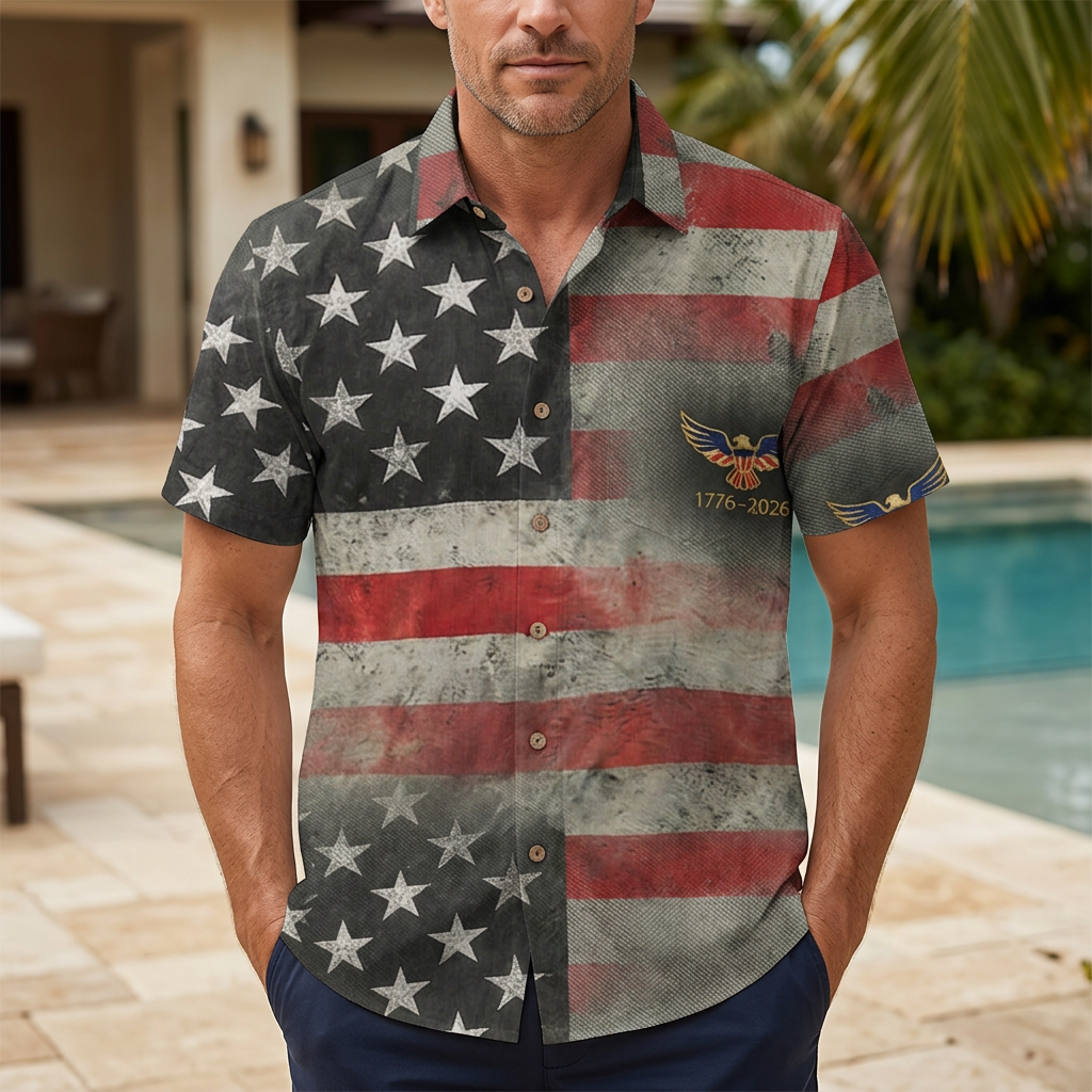 LeosWare® Men's Hawaiian Shirt Short Sleeve Button-up Breathable & Quick-Dry Aloha United States Independence Day Celebration