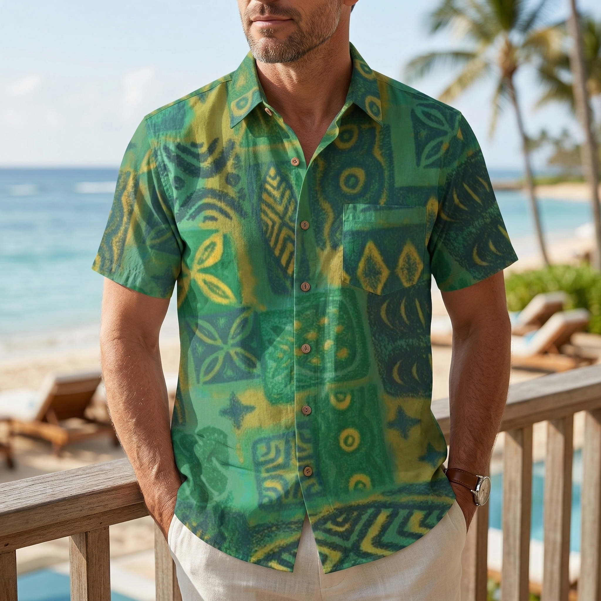 LeosWare® Men's Hawaiian Shirt Short Sleeve Button-up Premium polyester fabric Aloha Tiki Grove