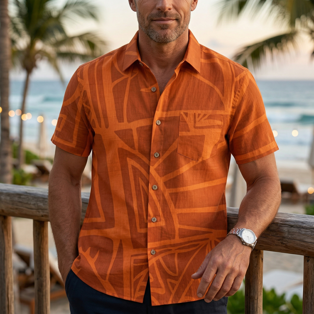 LeosWare® Men's Hawaiian Shirt Short Sleeve Button-up 95% Polyester, 5% Spandex Aloha Ember Tiki