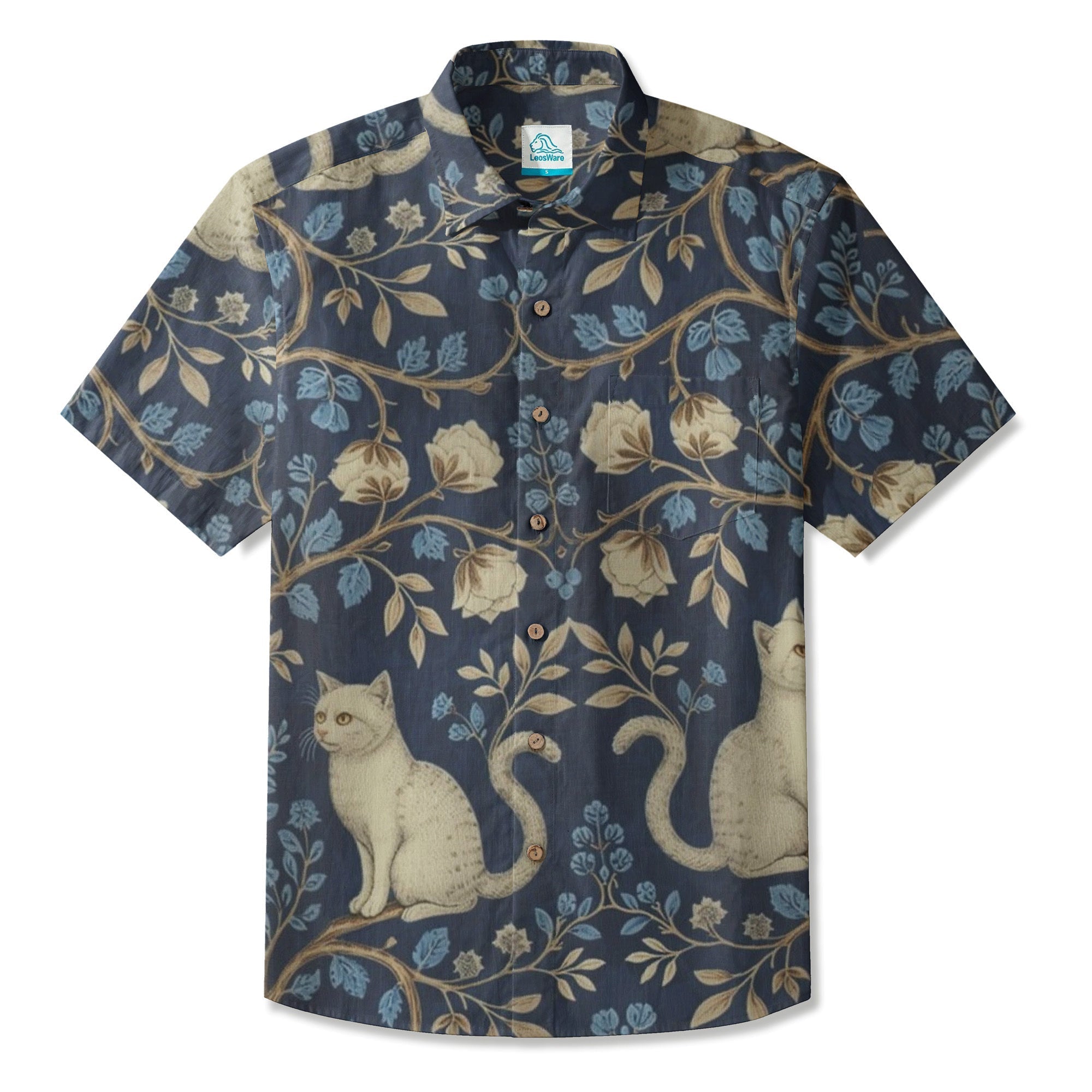 LeosWare® Men's Hawaiian Shirt Short Sleeve Button-up Breathable & Quick-Dry Aloha Ivory Cats