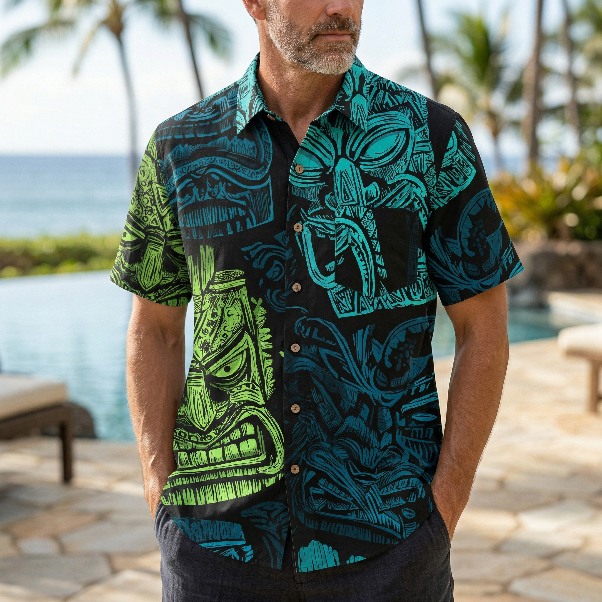 LeosWare® Men's Hawaiian Shirt Short Sleeve Button-up 95% Polyester, 5% Spandex Aloha Tiki Fury