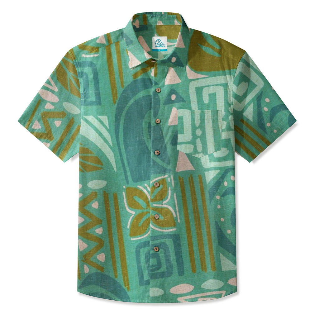 LeosWare® Men's Hawaiian Shirt Short Sleeve Button-up 95% Polyester, 5% Spandex Aloha Tiki Jade