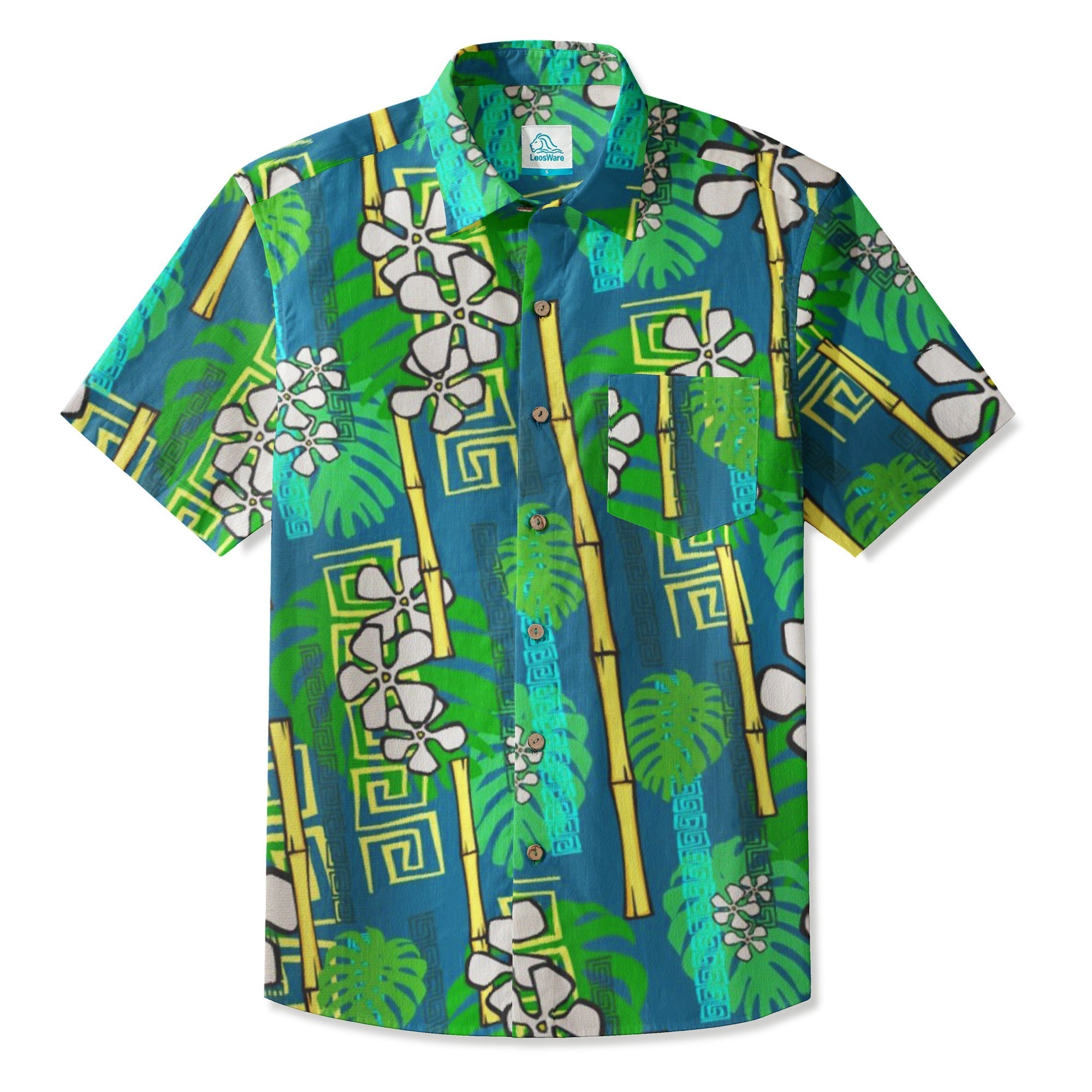 LeosWare® Men's Hawaiian Shirt Short Sleeve Button-up Breathable & Quick-Dry Aloha Bamboo Tiki