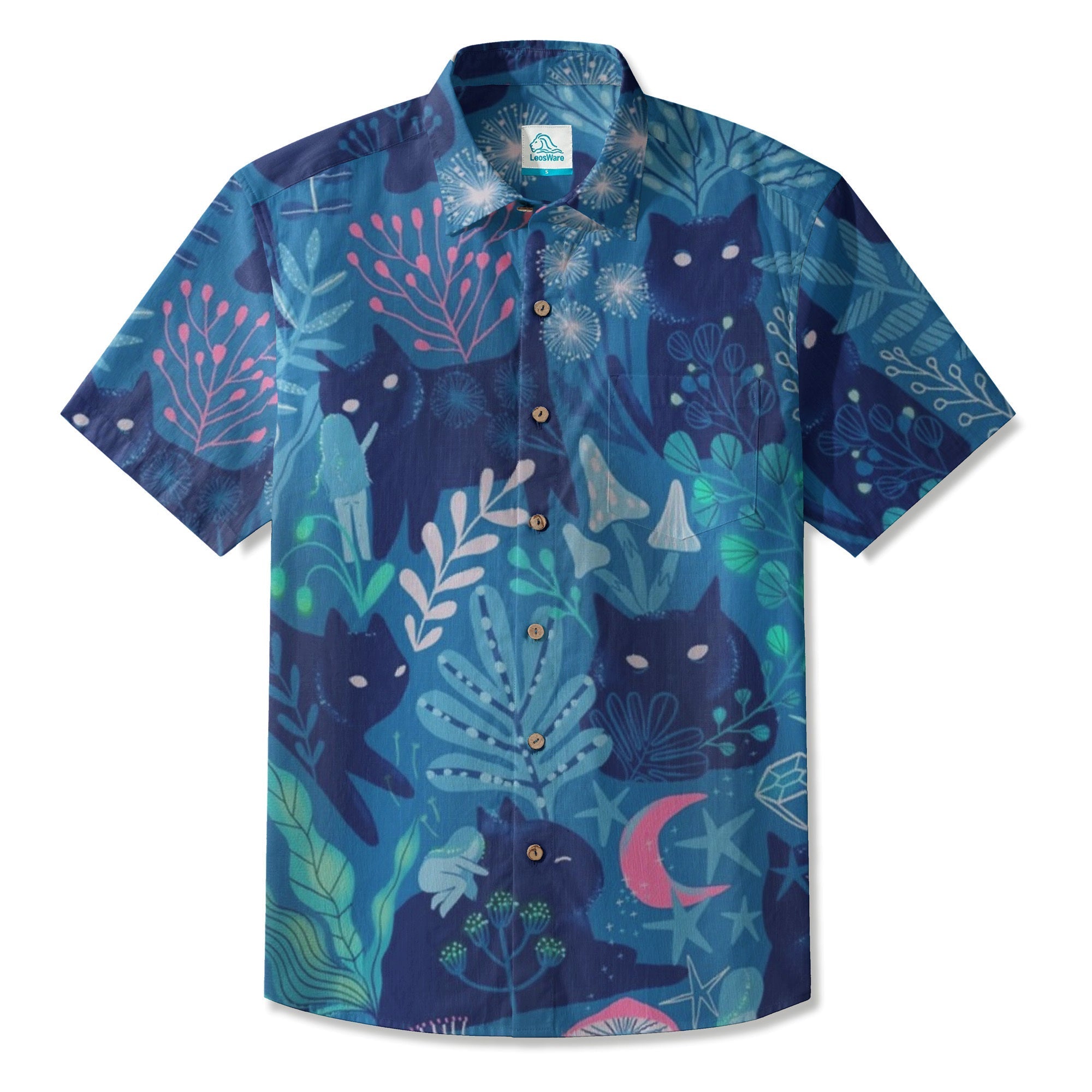 LeosWare® Men's Hawaiian Shirt Short Sleeve Button-up Breathable & Quick-Dry Aloha Midnight Cats