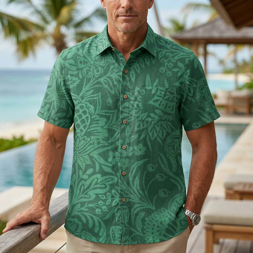LeosWare® Men's Hawaiian Shirt Short Sleeve Button-up 95% Polyester, 5% Spandex Aloha Verdant Press