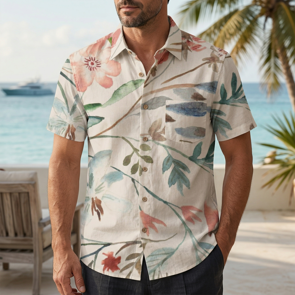LeosWare® Men's Hawaiian Shirt Short Sleeve Button-up 95% Polyester, 5% Spandex Aloha Blossom Of Dust