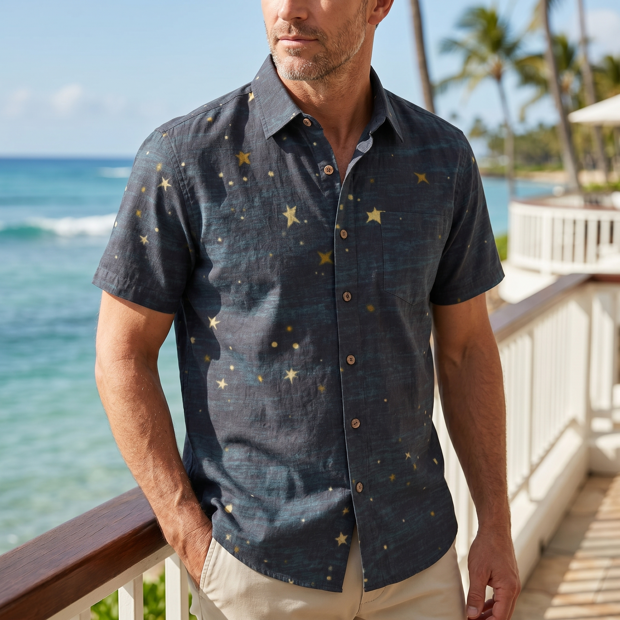 LeosWare® Men's Hawaiian Shirt Short Sleeve Button-up 95% Polyester, 5% Spandex Aloha Dust Nova