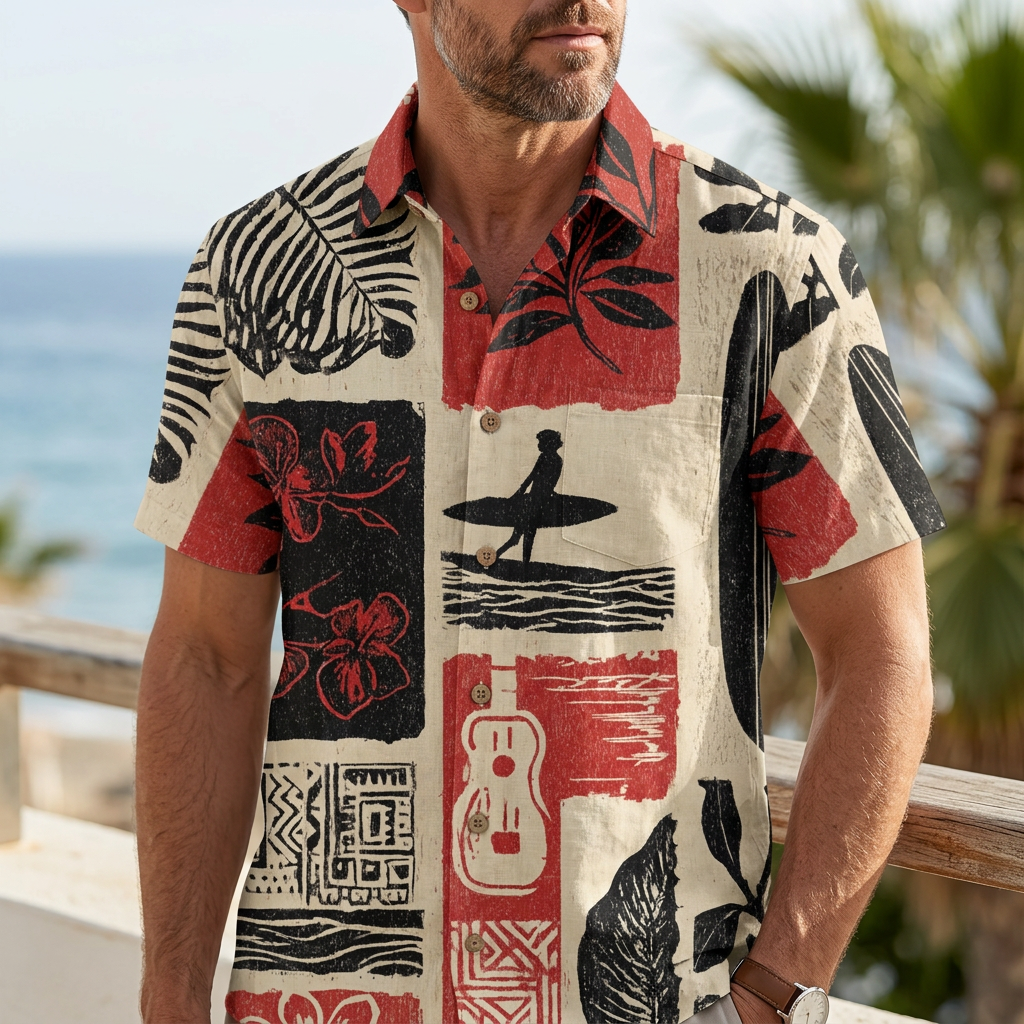 LeosWare® Men's Hawaiian Shirt Short Sleeve Button-up Breathable & Quick-Dry Aloha Island Drift