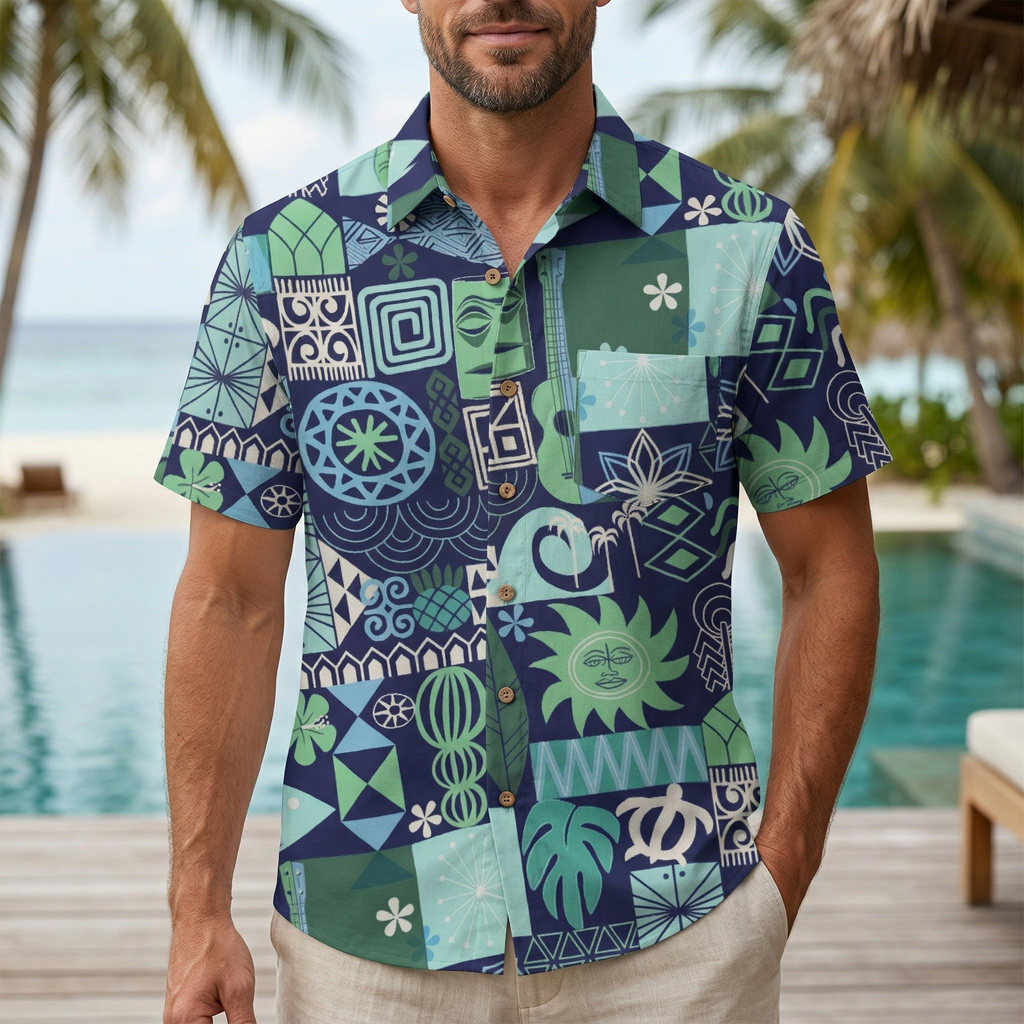 LeosWare® Men's Hawaiian Shirt Short Sleeve Button-up 95% Polyester, 5% Spandex Aloha Tiki Matrix