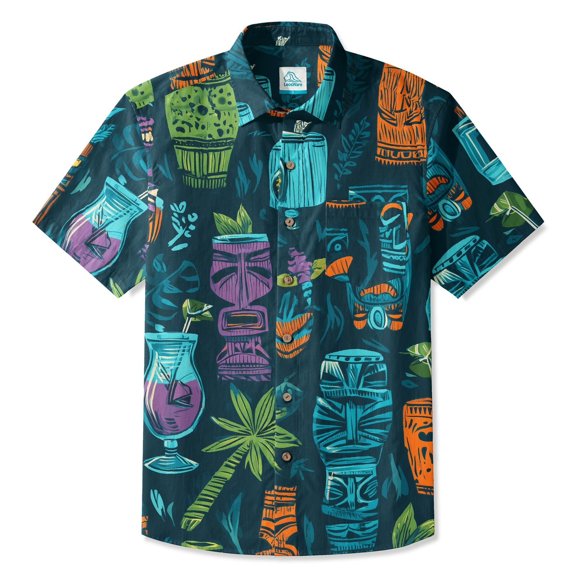 LeosWare® Men's Hawaiian Shirt Short Sleeve Button-up 95% Polyester, 5% Spandex Aloha Tiki Nights